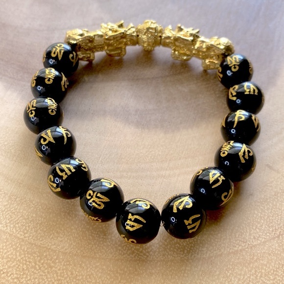 Feng Shui Black Obsidian Wealth Bracelet 12mm Beaded Pi Xiu Bracelet - Picture 5 of 11